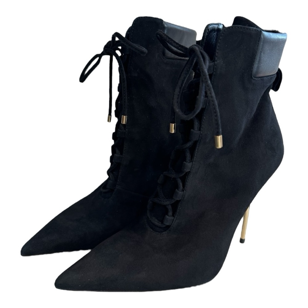 Good American Black Suede Lace Up Heel Booties Size 8.5